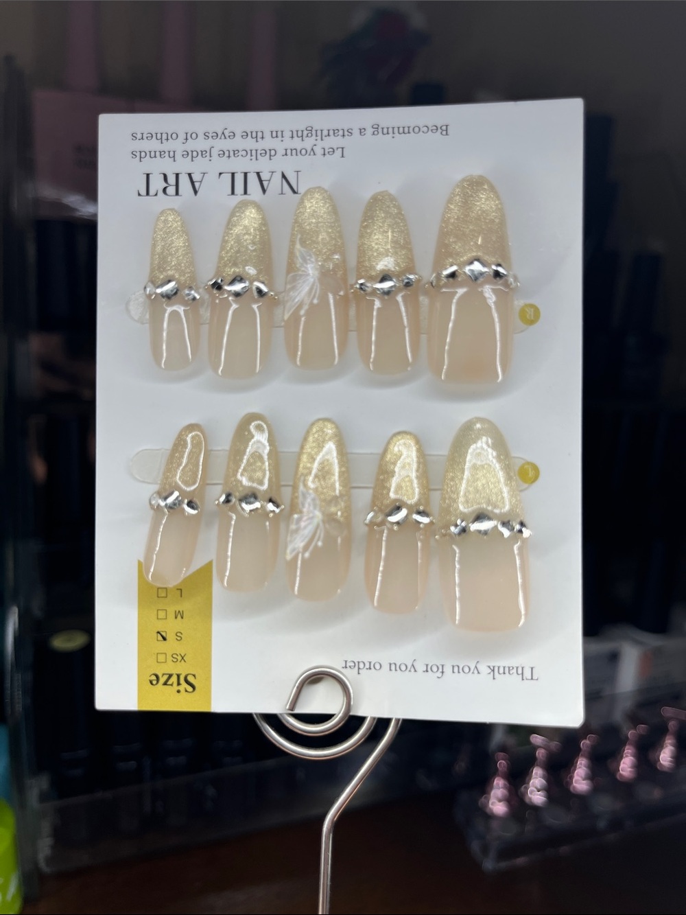Press-On Nails Gold Glitter & Nude Rhinestone Cat eye French tip Small